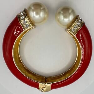 French gold tone red enamel rhinestones faux pearls clamper bangle bracelet